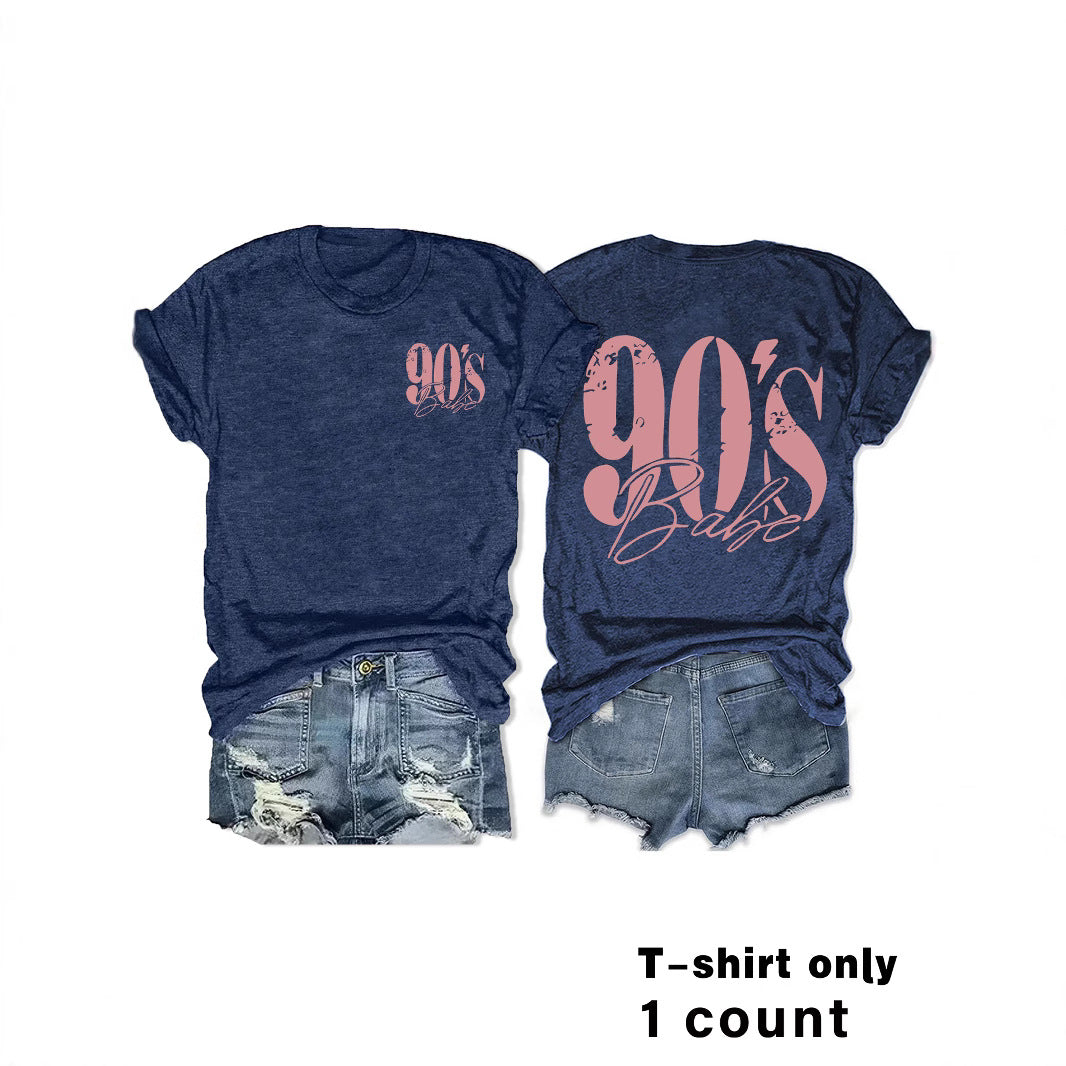 Eenvoudige Stijlvolle Effen Kleur Casual Ronde Hals T-shirt met Bedrukte Jaren 90 Print en Korte Mouwen voor Dames/Meiden & Plus-Size