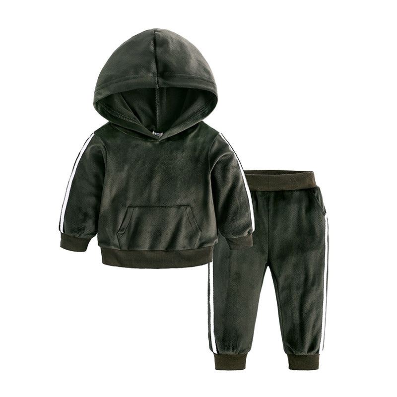 Sportieve Kinderset Casual Effen Kleur Hoodie en Bijpassende Joggingbroek van Fluweel met Gestreepte Patroon en Buidelzak voor Kinderen