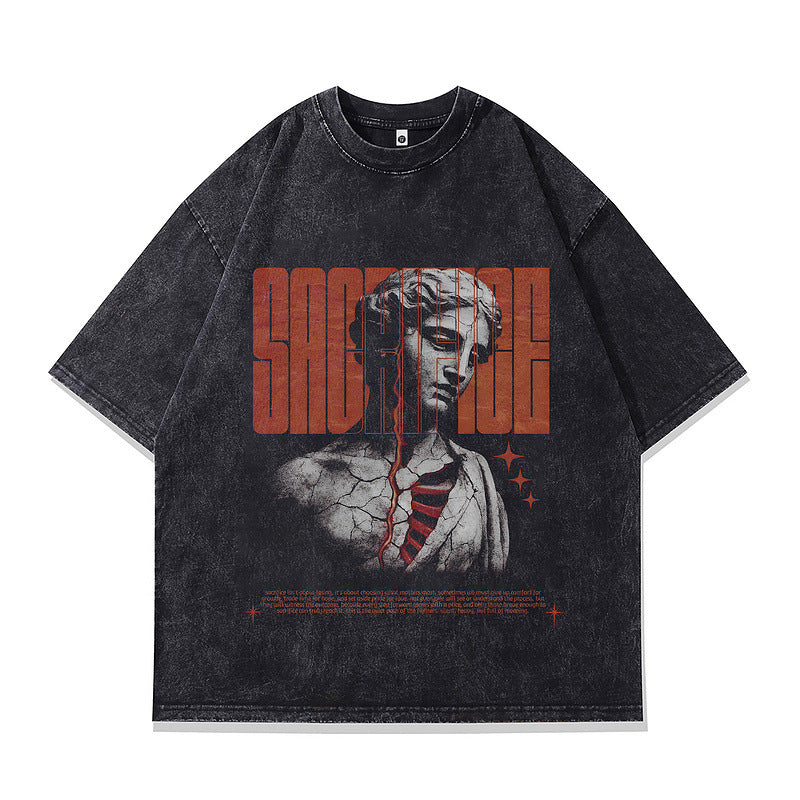 Trendy Klassieke Effen Kleur Casual Vintage Ronde Hals T-shirt met Abstracte Spuitprint en Korte Mouwen voor Heren