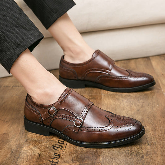 Elegante Effen Kleur Casual/Business Brogue Double Monk Strap Schoenen van PU-Leer met Geperforeerde Details en Klassieke Gespsluiting voor Heren