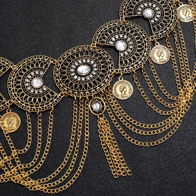 Modieuze Retro Etnische Stijl Holle Tailleketting met Muntenkwastjes van Legering voor Dames