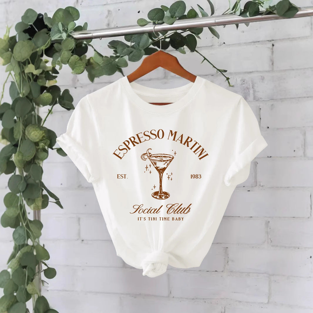 Stijlvolle Streetwear Effen Kleur Casual ESPRESSO MARTNI T-shirt met Ronde Hals en Korte Mouwen voor Dames/Meiden & Plus-Size