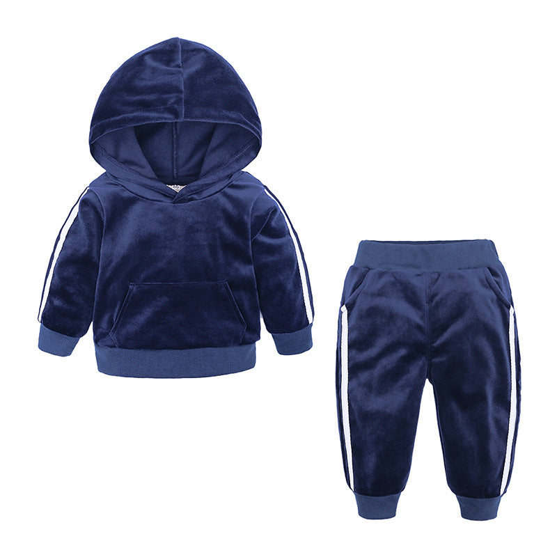 Sportieve Kinderset Casual Effen Kleur Hoodie en Bijpassende Joggingbroek van Fluweel met Gestreepte Patroon en Buidelzak voor Kinderen