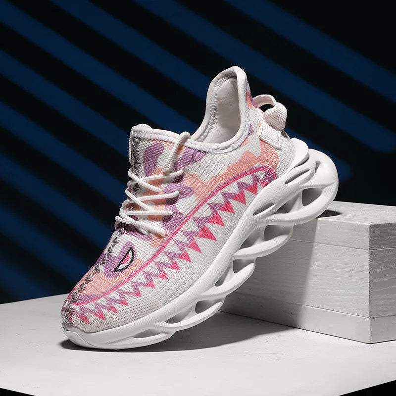 Trendy Casual Kleurrijke Sharkprint Sneakers met Golvende Zool en Vetersluiting voor Kinderen & Tieners