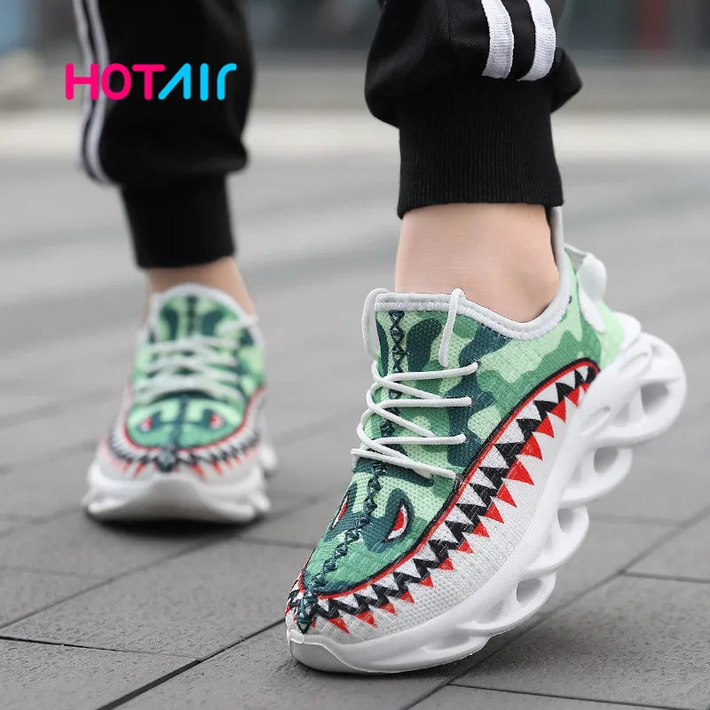 Trendy Casual Kleurrijke Sharkprint Sneakers met Golvende Zool en Vetersluiting voor Kinderen & Tieners
