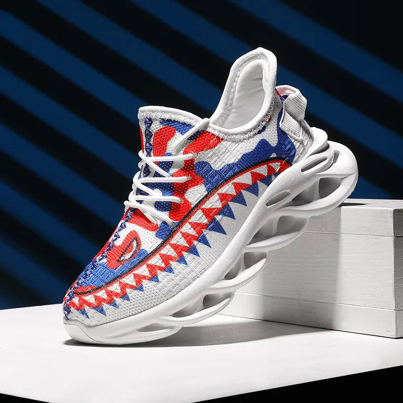Trendy Casual Kleurrijke Sharkprint Sneakers met Golvende Zool en Vetersluiting voor Kinderen & Tieners
