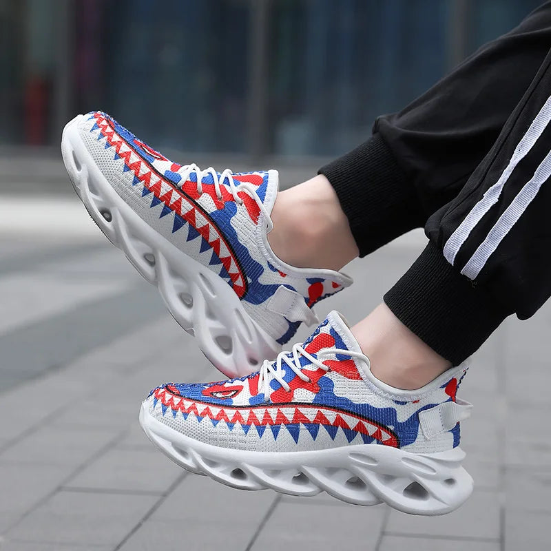 Trendy Casual Kleurrijke Sharkprint Sneakers met Golvende Zool en Vetersluiting voor Kinderen & Tieners