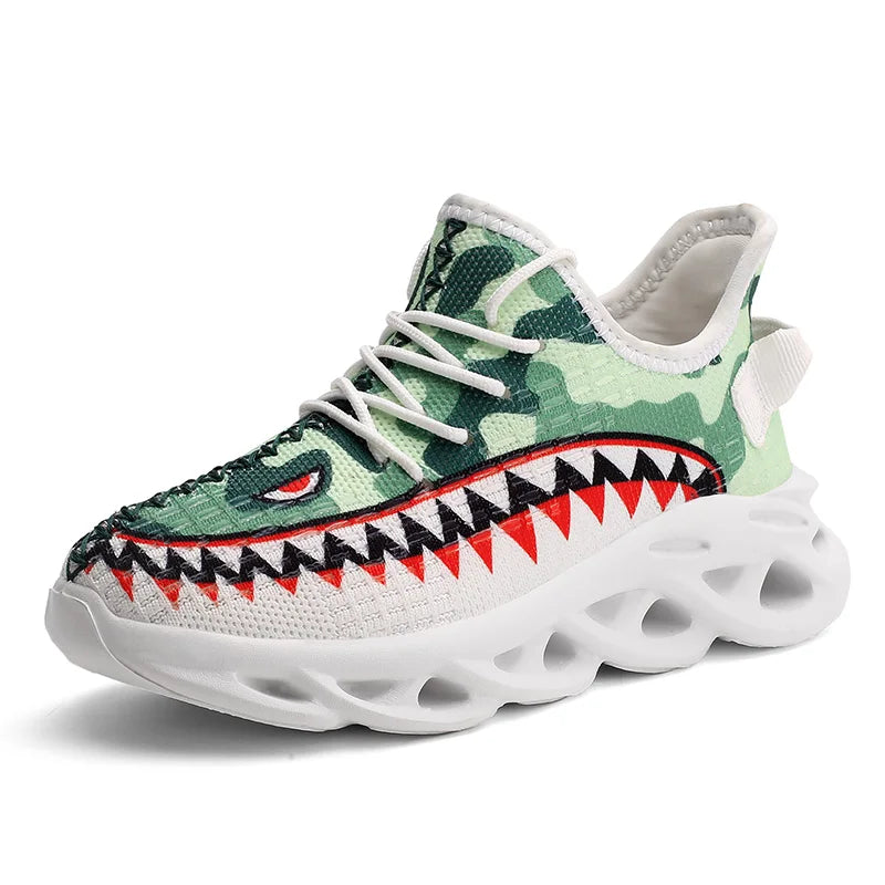 Trendy Casual Kleurrijke Sharkprint Sneakers met Golvende Zool en Vetersluiting voor Kinderen & Tieners