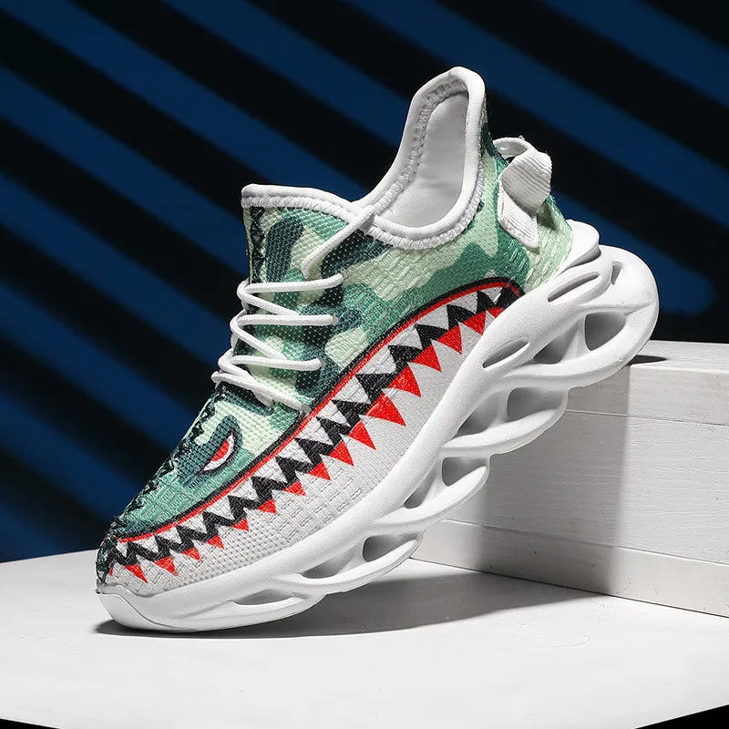 Trendy Casual Kleurrijke Sharkprint Sneakers met Golvende Zool en Vetersluiting voor Kinderen & Tieners