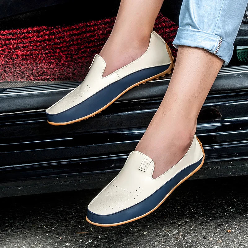 Modieuze Stijlvolle Tweekleurig Casual Business Ademend Slip-In Loafers van Veganistisch Leer met Ronde Neus en Platte Rubberzool voor Heren