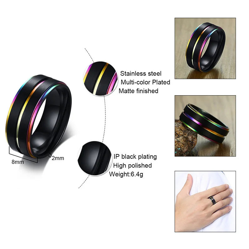 Trendy Klassieke Dagelijks Casual Vnox Effen Kleur Roestvrijstalen Ring met Regenbooglijn voor Heren