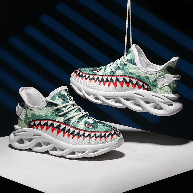 Trendy Casual Kleurrijke Sharkprint Sneakers met Golvende Zool en Vetersluiting voor Kinderen & Tieners