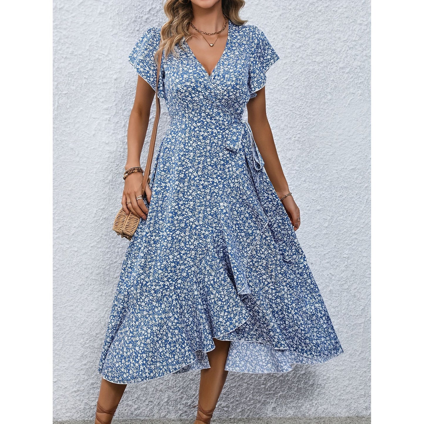 Stijlvolle Casual Bloemenprint Midi Wikkeljurk met Korte Mouwen en V-hals voor Dames & Plus-size