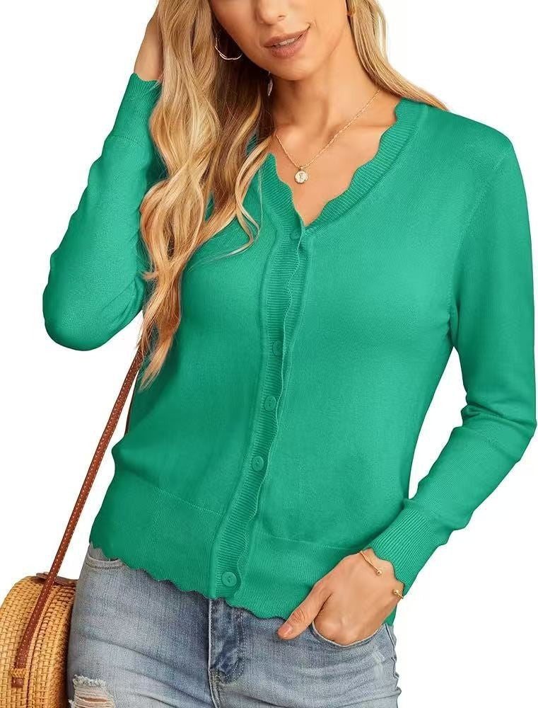 Modieuze Elegante Effen Kleur/ Gestreepte Korte Gebreide Vest met Golvende V-hals & Knoopsluiting en Lange Mouwen voor Dames & Plus-size