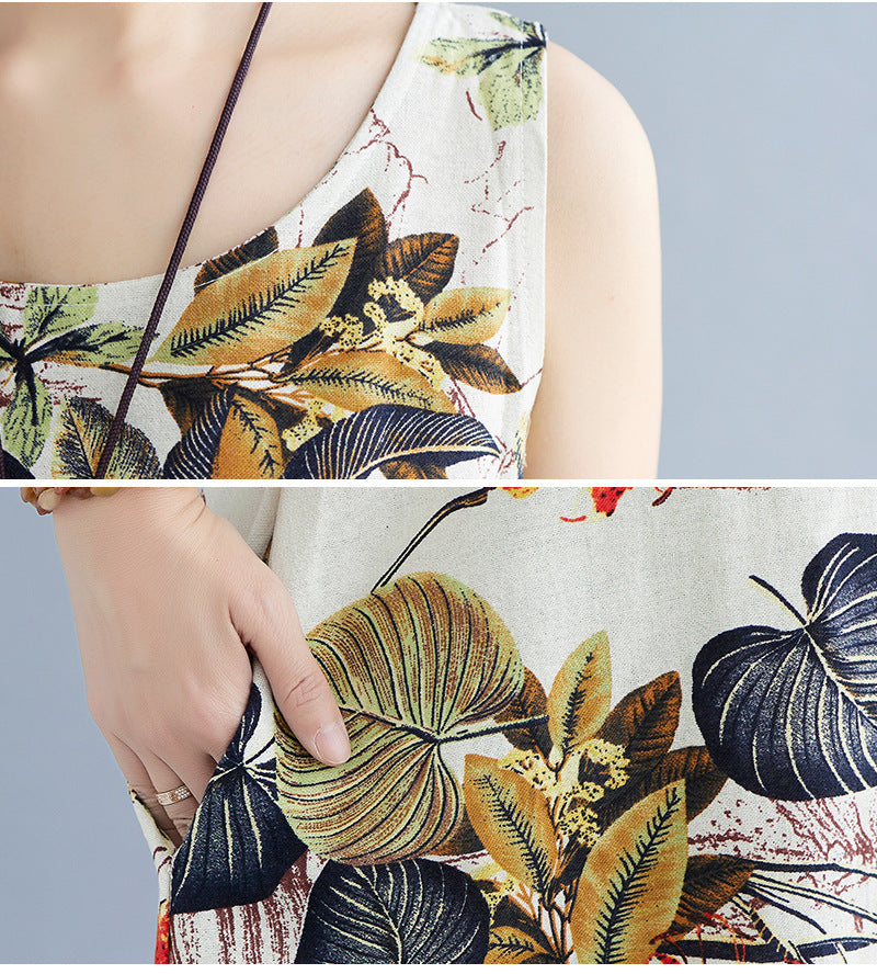 Casual Vintage Mouwloze Linnen Oversized Maxi-jurk met All-Over Bloemenprint en Ronde Hals voor Dames & Plus-size