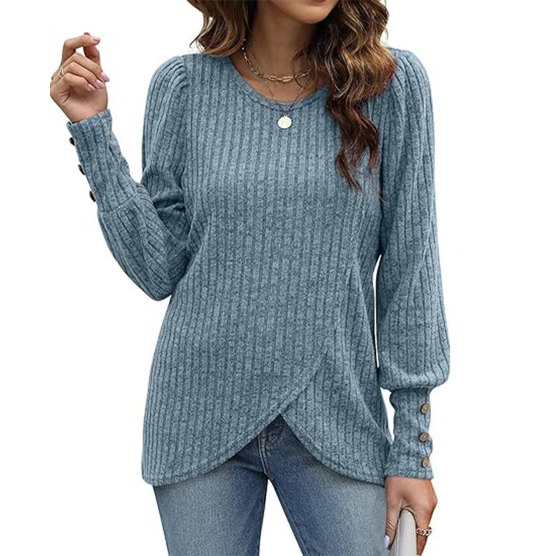 Amerikaanse Trendy Elegante Effen Kleur Licht Gebreide Gekruiste Shirt met Ronde Hals en Lange Mouwen voor Dames