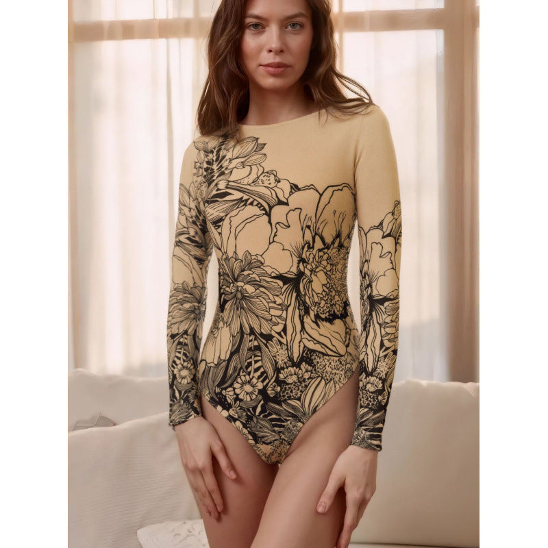 Europese Elegante ééndelig Effen Kleur Strand Bodysuit/ Badpak met All-Over Bedrukking en Lange Mouwen