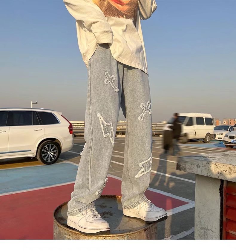 High Street Amerikaanse stijl Hip Hop Jeans met Patch en Wijde Pijpen voor Heren / Jongens & Heren Plus-size