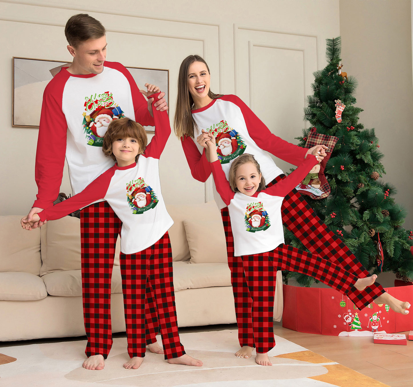 Kerstmis Familie Trendy Casual Matching Geruite Kerstpyjama met Kerstmisprint Gezin & Koppels