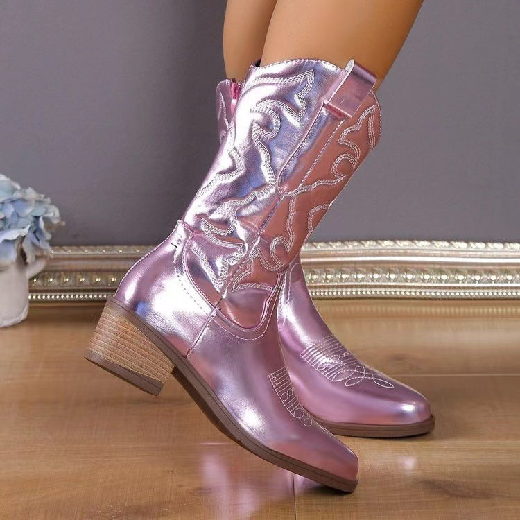 Amerikaanse Designer Disco Metallic Cowboy Laarzen van PU-Leer met Blok Hak en Geborduude Patroon voor Dames & Plus-size