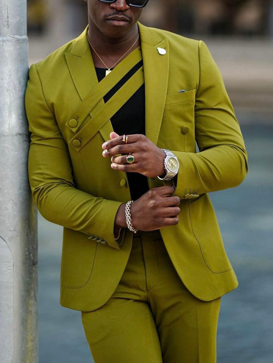 Elegante Dagelijkse Limoengroene Asymmetrische Banddetails en Getailleerde Pasvorm 2-delige Pak* Blazer & Pantalon met Dubbelrij Knoopsluiting * voor Heren