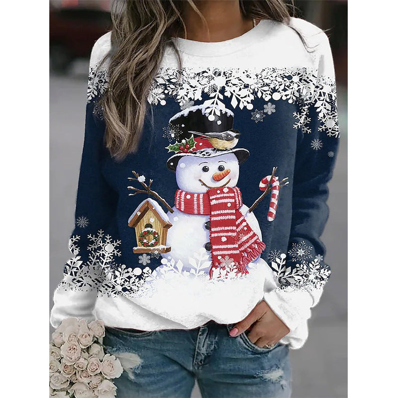 Kerstmis Casual Oversized Bedrukte Sneeuwpop-Print Sweatshirt met Ronde Hals