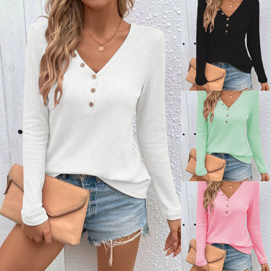 V-hasl Wafel T-shirt met Lange Mouwen en Knoopsluiting voor Dames & Plus-size