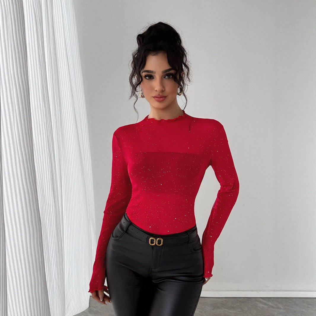 Europese Elegante Mesh Sprankelende Slim-fit Forensen Pailletten Top met Opstaande Kraag en Lange Mouwen voor Dames & Plus-size