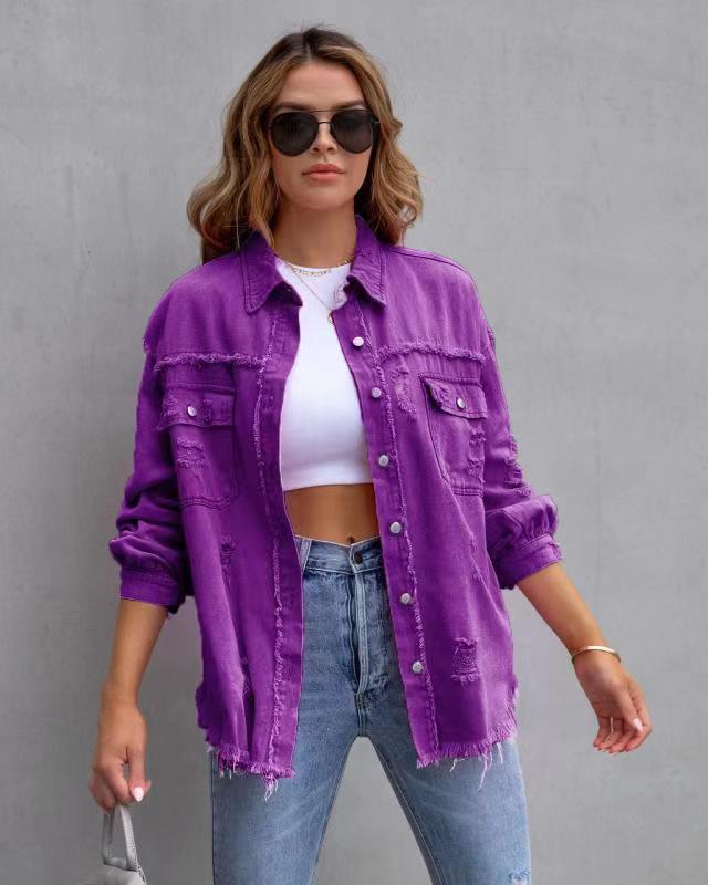 Fashion Designer Casual Ripped Spijkerjacket in Effen Kleur met Knoopsluiting voor Dames & Plus-size
