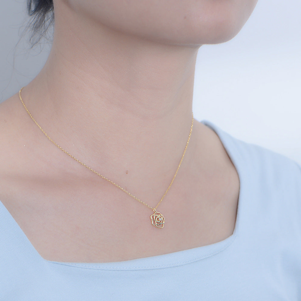 S925 Elegante Franse Retro Hollow Roos Sterling Zilveren Ketting met Zirkonia voor Dames