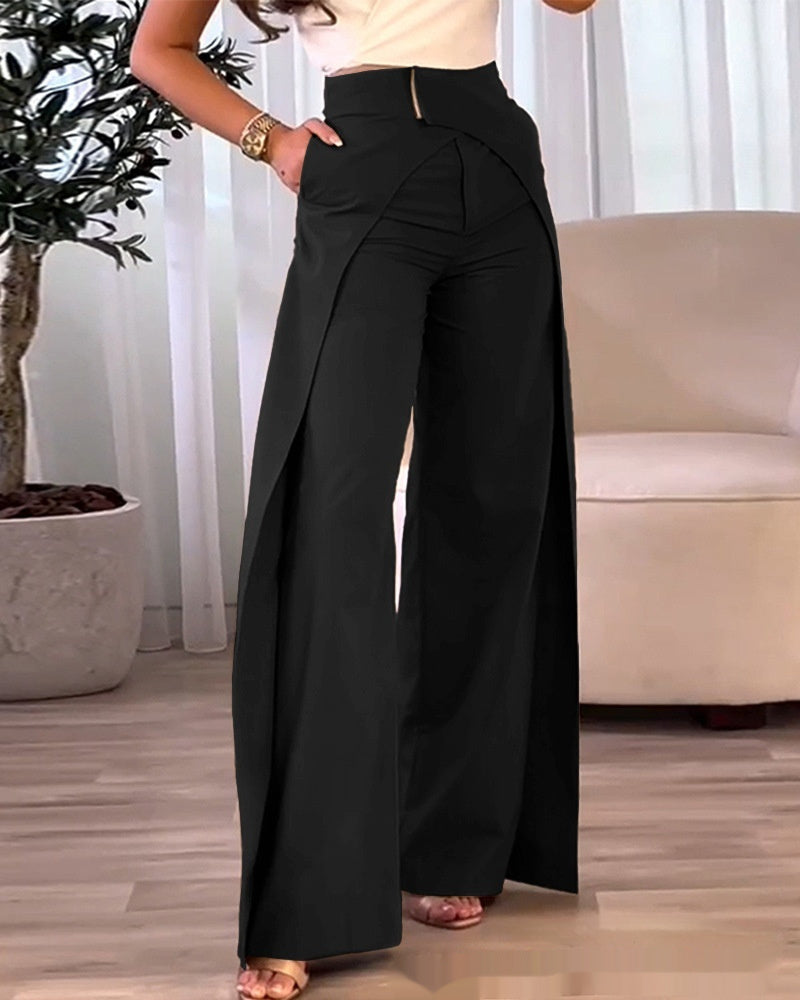 Europese en Amerikaanse Stijlvolle Casual/Business Effen Kleur Hoge Taille Cross-Design Broek met Wijde Pijpen voor Dames & Plus-size