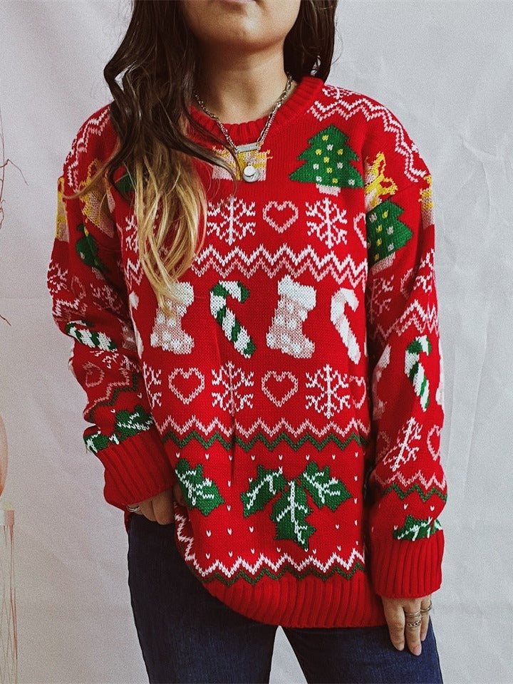 Kerstmis Unieke Stijlvolle Oversized Gebreide Kerst-Trui met Gebreide Kerstprint en Ronde Hals voor Dames & Meiden