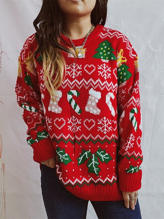 Kerstmis Unieke Stijlvolle Oversized Gebreide Kerst-Trui met Gebreide Kerstprint en Ronde Hals voor Dames & Meiden