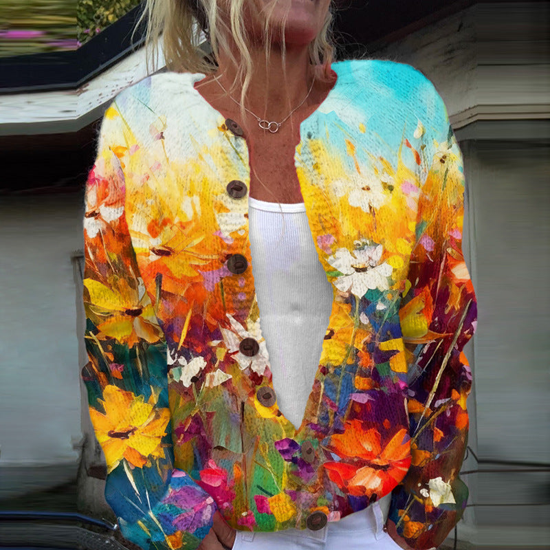 Casual 3D digitaalprint Gebreide Trui-vest met Lange Mouwen en Knoopsluiting voor Dames & Plus-size