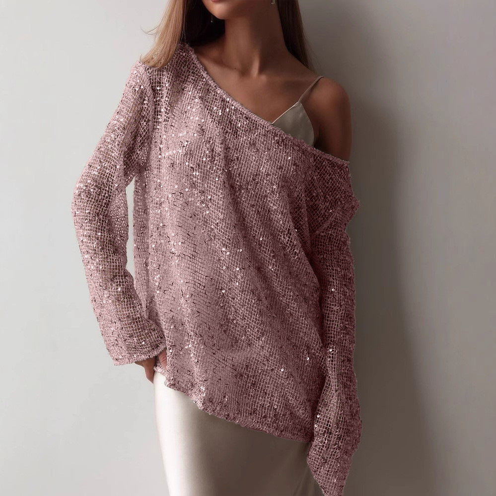 Amerikaanse Elegante Off-Shoulder Holle Oversized Pullover Pailletten Top en Lange Mouwen voor Dames & Plus-size