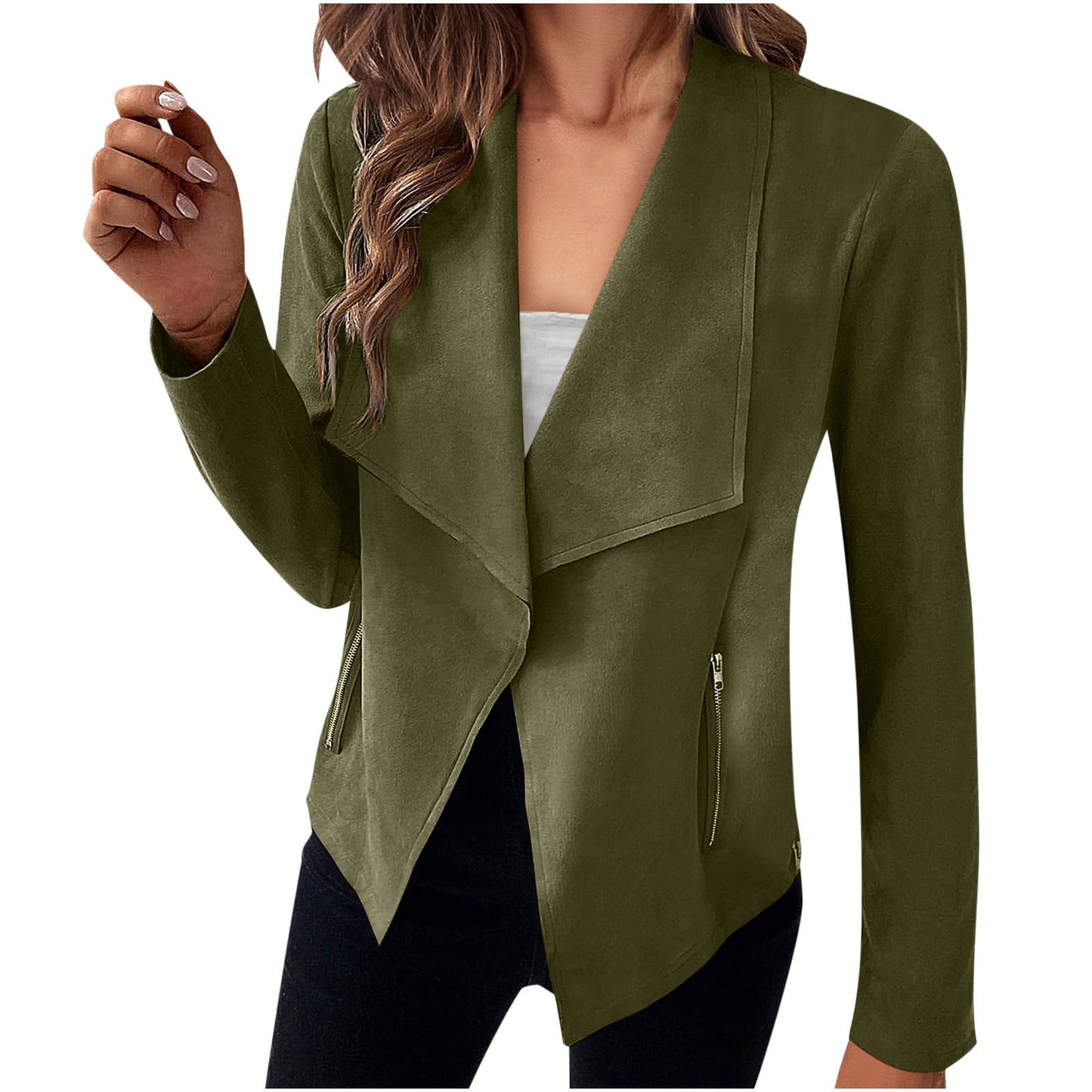 Stijlvolle Casual/Business in Effen Kleur Revers Suède Open Blazer met Ritszakken voor Dames & Plus-size