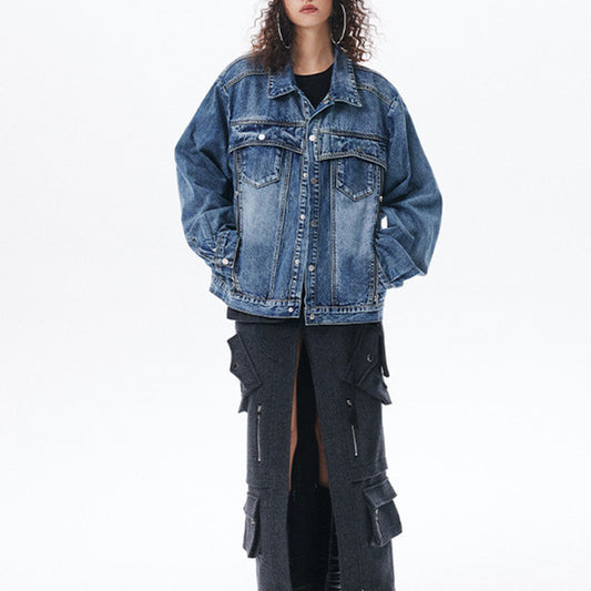 Amerikaanse Retro Clean Fit Wash Spijkerjacket met Knoopsluiting en Ritszakken voor Dames en Plus-size