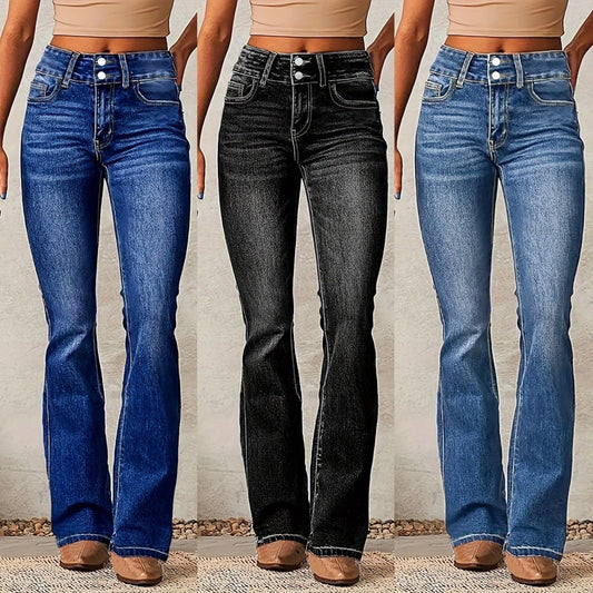 Stijlvolle Unieke Streetwear Modieuze Slim Fit  Skinny Bootcut Jeans met Zakken en Knoopsluiting voor Dames/Plus-size & Meiden