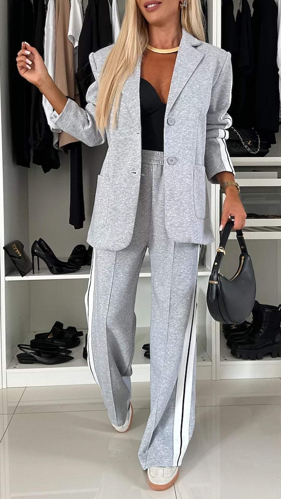 Stijlvolle Casual Business Effen Kleur Gestreepte 2-delige Sportpak * Oversized Revers Blazer met Knoopsluiting & Rechte Stretch Broek voor Dames & Plus-size