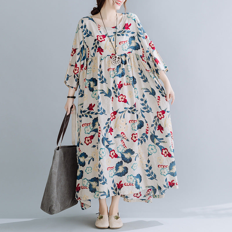 Stijlvolle Vintage Oversized Katoenen Linnen Bloemenprint Maxi-jurk met Korte Mouwen en Ronde Hals voor Dames