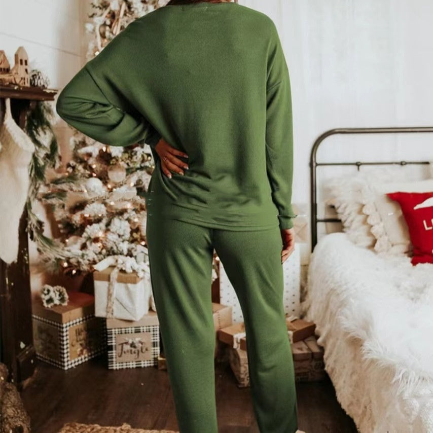 Kerstmis Casual Modieuze Effen Kleur Kerst Huis/ Pyjama-outfit met Geborduurde Pailletten voor Dames & Plus-size