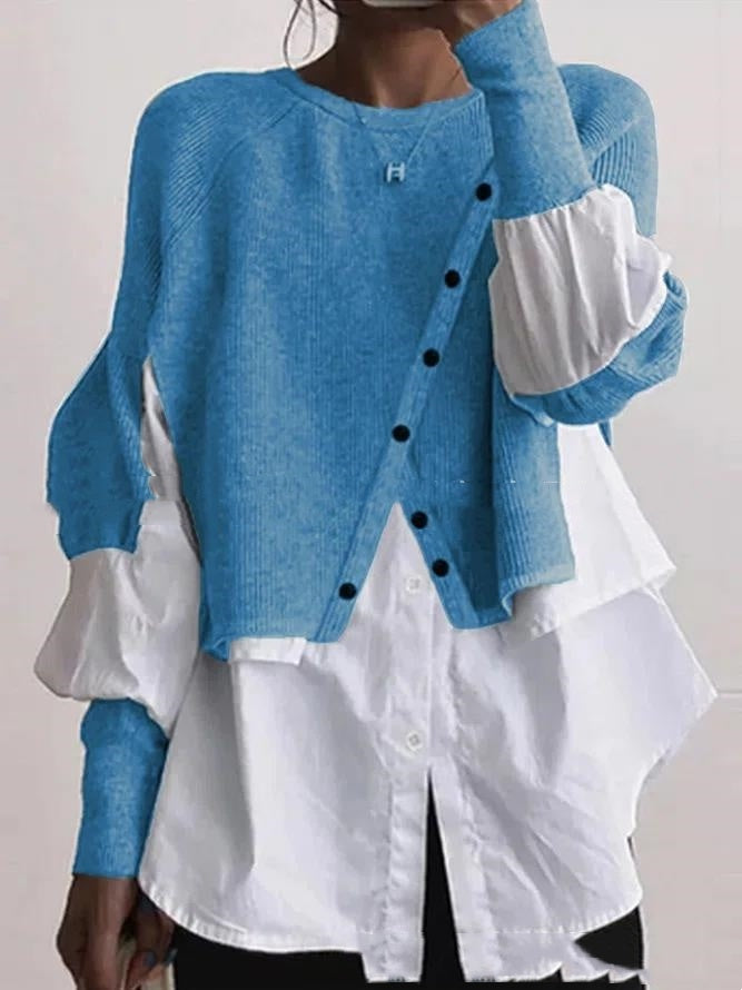 Trendy Ontwerp Ronde Hals Gebreide Trui Witte Shirt met Knoopsluiting en Lange Mouwen voor Dames & Plus-size