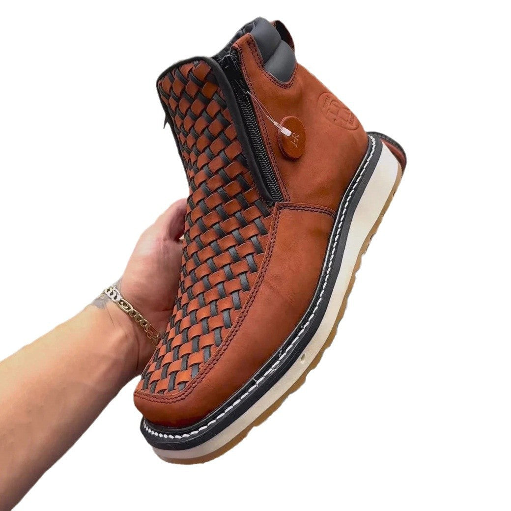 Europese en Amerikaanse Retro Handgeweven Geruite Cowboylaars van Echt Leer in Western Stijl met Ritssluiting aan Zijkanten voor Heren