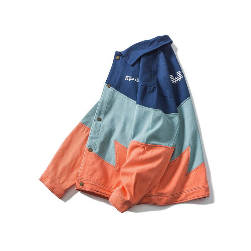 Amerikaanse Designer Ontwerp Fashion Brand Color-blocking Lapel Tooling Spijkerjacket voor Dames /Plus-size & Heren
