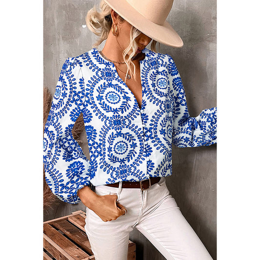 Amerikaanse Casual Slim-fit Bohemian V-hals Blouse met Lange Mouwen en Knoopsluiting voor Dames