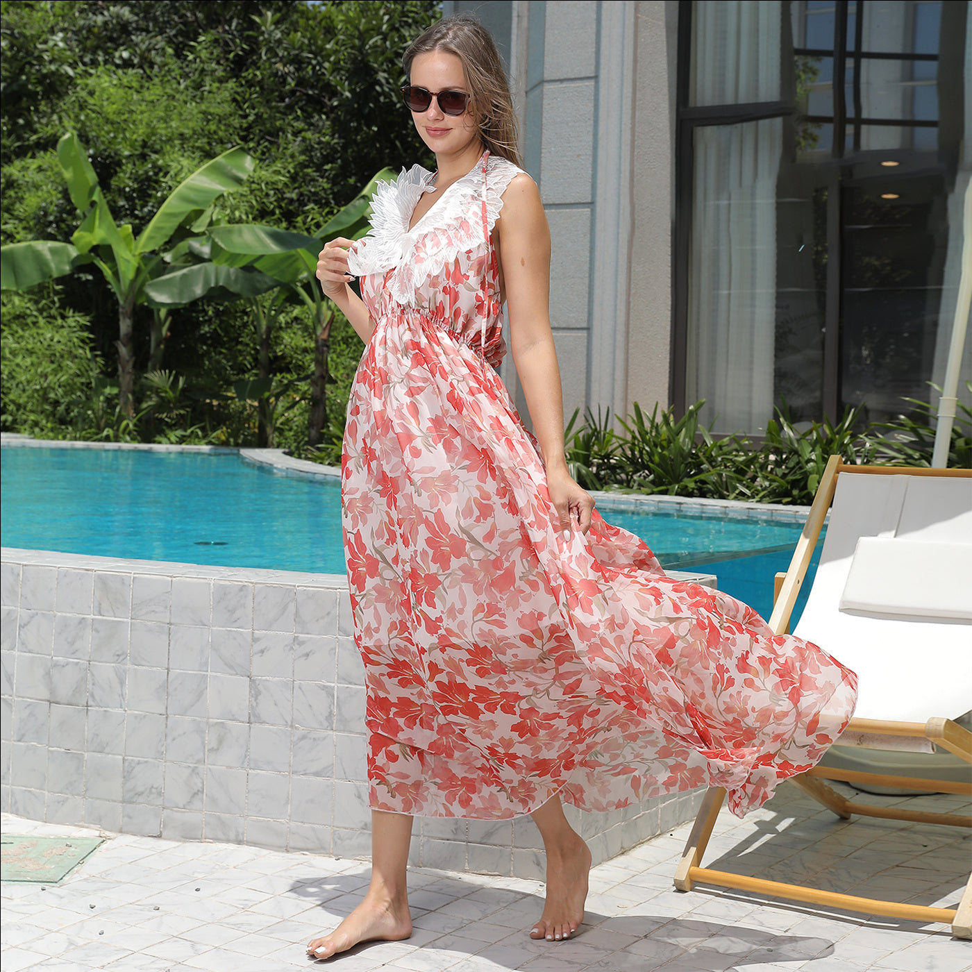 Casual Vintage Mouwloze Bloemenprint V-hals Maxi-jurk met Open Rug en Kraag van Kant voor Dames & Plus-size