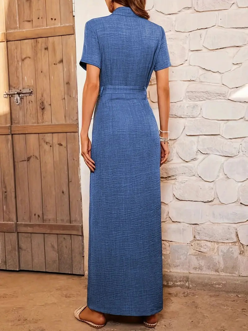Casual Blauwe Korte Mouw Revers Polo Maxi-jurk met Knoopsluiting en Riem voor Dames & Plus-size