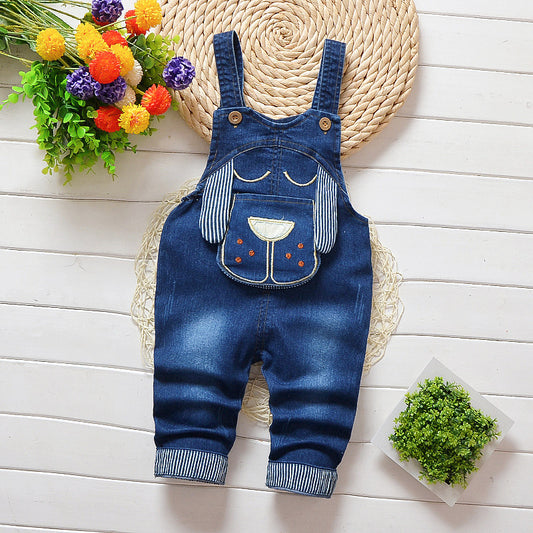 Stoere Jeans Jumpsuit met Bandjes en Geborduurde Cartoon voor Peuters/ Kinderen