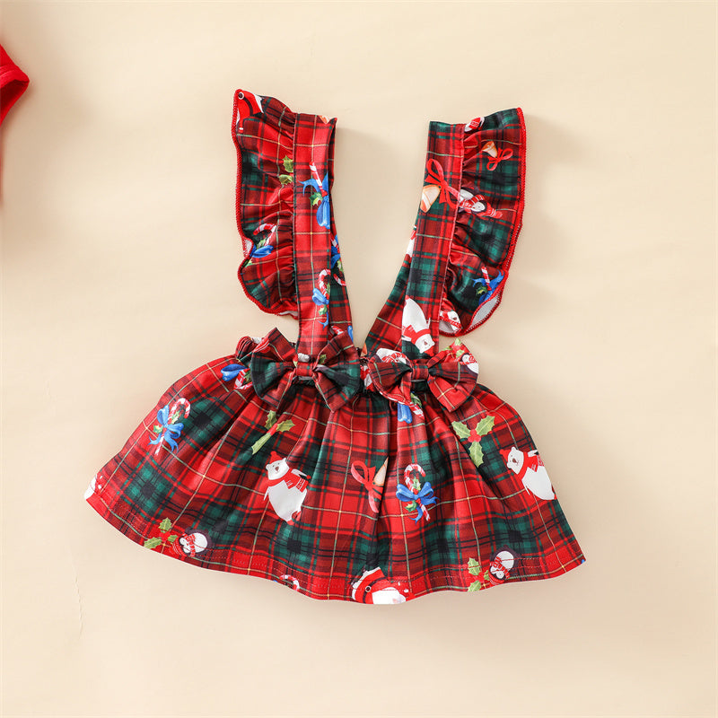 Kerstmode 3-delige Set Haarband met Strik Romper met Lange Mouwen en Print & Jarretellerok met Kerstprint voor Baby's/Peuters