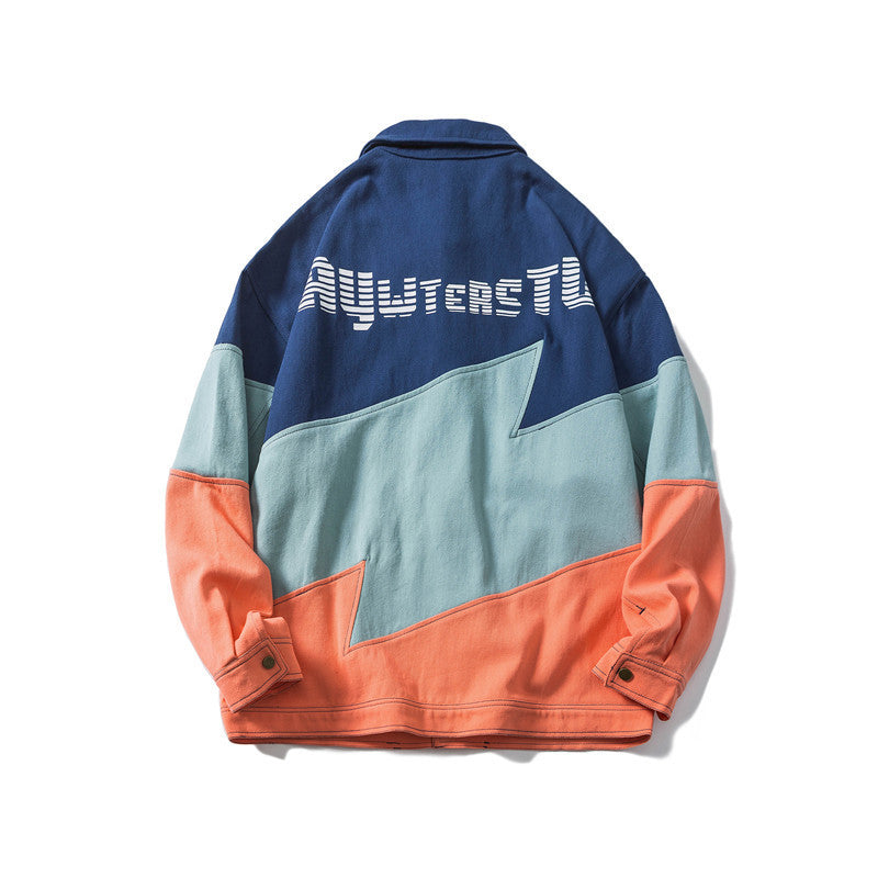 Amerikaanse Designer Ontwerp Fashion Brand Color-blocking Lapel Tooling Spijkerjacket voor Dames /Plus-size & Heren